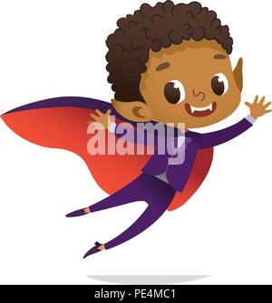 Ragazzi Festa in costume. Afro-americano di Dracula Vampire Boy in Halloween costume diavolo ridere e volare. Cartoon caratteri vettoriali per party, inviti, web, mascotte. Isolato Illustrazione Vettoriale