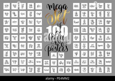 Set di 100 caratteri a mano citazioni su bevanda al caffè Illustrazione Vettoriale