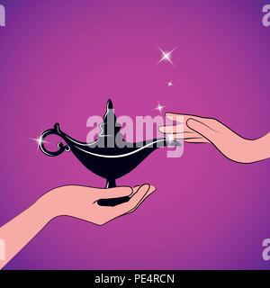 Womans mani hanno una magica aladdin lampada miracolo illustrazione vettoriale EPS10 Illustrazione Vettoriale