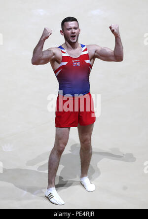 Gran Bretagna Dominick Cunningham dopo la concorrenza sul pavimento in uomini della apparecchiatura finale durante il giorno undici del 2018 Campionati Europei al SSE idro, Glasgow. Foto Stock