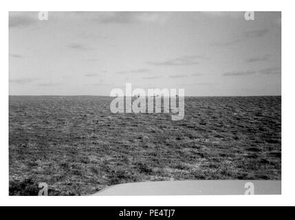 Questa fotografia raffigura un altro esempio di un laghetto di raccolta dell'acqua e di ricarica delle falde acquifere costruito nell'ambito del Central Rangelands Development Project (CRDP) in Somalia. La recinzione viene utilizzata per limitare l'accesso e proteggere l'acqua raccolta. Lo stagno è stato costruito con l'assistenza di un apripista fornito dall'USAID e mira a catturare l'acqua piovana per l'uso agricolo e zootecnico, aiutando a mitigare la scarsità di acqua nei rangeland somali centrali e fornendo una fonte d'acqua affidabile per le comunità locali. Foto Stock