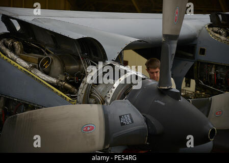 Airman 1. Classe Giacobbe, laici 374 Squadrone di manutenzione dello spazio aereo artigiano di propulsione, prende i pannelli ad elica off un C-130 Hercules al Yokota Air Base, Giappone, 6 ott. 2015. Il nuovo processo informatizzato ha salvato circa 600 ore uomo per ispezione isocrone. (U.S. Air Force foto di Senior Airman David Owsianka/rilasciato) Foto Stock