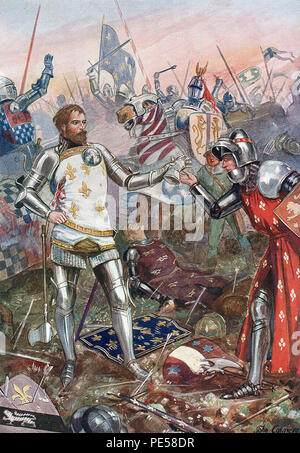 Battaglia di POITIERS 19 Settembre 1356 da militare inglese artista Harry Payne circa 1910. Edward, il Principe Nero, è mostrato di accettare la consegna del Re Giovanni II di Francia Foto Stock