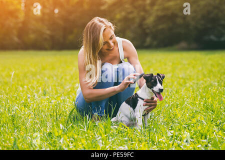 Bella donna la pettinatura il suo cane Jack Russell Terrier nella natura.Immagine è intenzionalmente tonica. Foto Stock