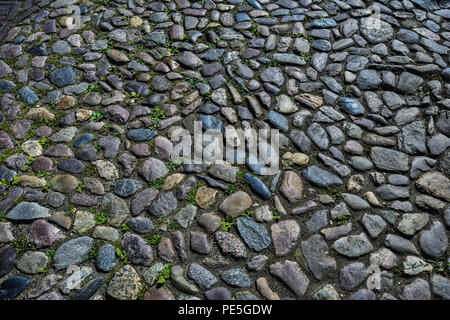 Antica strada di ciottoli superficie vicina che mostra tutte le diverse dimensioni di pietra e i colori utilizzati a ciottoli della superficie. Foto Stock