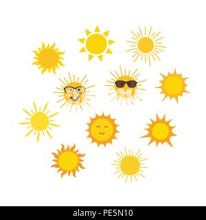 Vettore divertente doodle suns. Disegnata a mano impostato. Illustrazione Vettoriale