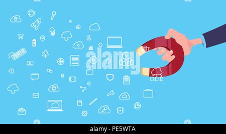 Mano tenere il magnete dati di comunicazione internet cloud icona sincronizzazione tirando. rete il concetto di elaborazione su sfondo blu design piatto Illustrazione Vettoriale