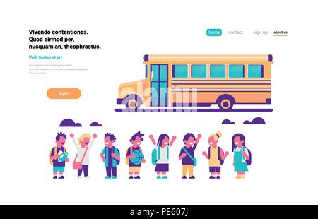 Gruppo di alunni i bambini su giallo scuola bus dei trasporti concetto su sfondo bianco copia piana orizzontale dello spazio Illustrazione Vettoriale