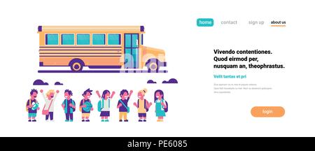Gruppo di alunni i bambini su giallo scuola bus dei trasporti concetto su sfondo bianco piatto spazio Copia banner Illustrazione Vettoriale