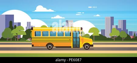 Autobus gialli si torna a scuola gli alunni il concetto di trasporto su cityscape sfondo banner piatta Illustrazione Vettoriale