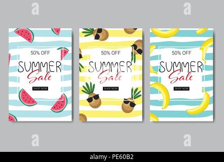 Impostare estate vendita frutta fresca lettering design badge etichetta shopping di stagione per il logo templates invito biglietto di auguri poster e stampe Illustrazione Vettoriale