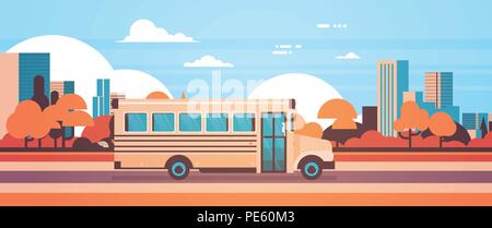 Autobus gialli si torna a scuola gli alunni dei trasporti concetto sul paesaggio urbano di autunno sfondo banner piatta Illustrazione Vettoriale