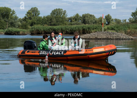 Amburgo, Germania. 13 Ago, 2018. Gli attivisti di Greenpeace prendere i campioni di acqua da sud Elba da un gommone. Su un banco di misurazione attraverso 22 città in Germania, Greenpeace vuole mettere alla prova i laghi, torrenti, fiumi e pozzi privati per i residui da allevamento industriale. Credito: Daniel Bockwoldt/dpa/Alamy Live News Foto Stock