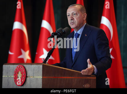 Ankara, Turchia. 13 Ago, 2018. Il Presidente turco Recep Tayyip Erdogan offre un discorso durante il bagno turco conferenza degli ambasciatori al Palazzo Presidenziale di Ankara, Turchia, su agosto 13, 2018. Il Presidente turco Recep Tayyip Erdogan ha denunciato la Lira crisi come un 'complotto contro la Turchia,' avvertimento che il suo paese si forgiano nuove alleanze e mercati in risposta a un amaro rift con lungo tempo alleato degli Stati Uniti che ha causato la moneta turca di hanno toccato. Credit: Turco Palazzo presidenziale/Xinhua/Alamy Live News Foto Stock