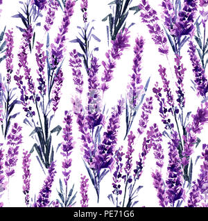 Campo di lavanda Seamless Pattern. Acquerello o Aquarelle dipinti della Provenza Lavandula. Disegnato a mano le erbe tè fiore. Estate fiore e/o il fogliame della pianta di giardino in Aquarelle. La natura e il profumo. Foto Stock
