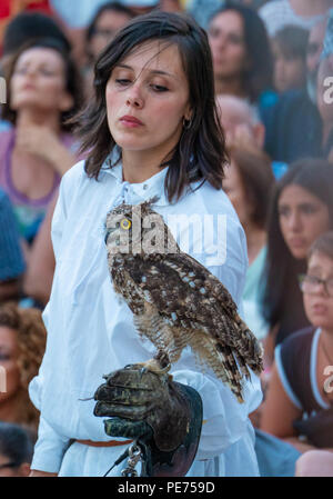 Pisticci (Italia) - La festa medievale Enotria Felix nella città bianca in provincia di Matera. Qui lo spettacolo di falconeria con eagle, il gufo comune e falchi Foto Stock