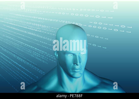 Il rendering 3D della testa umana su uno sfondo con codice binario Foto Stock
