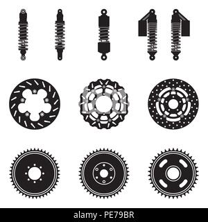 Insieme di parti di ricambio per motociclette icone. La sospensione e il freno. Vettore di Silhouette Illustrazione Vettoriale