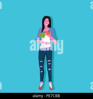 Donna che mantiene i cibi freschi ortaggi confezione di carta su uno stile di vita sano concetto cartoon femmina piatta di caratteri a lunghezza piena sfondo blu Illustrazione Vettoriale
