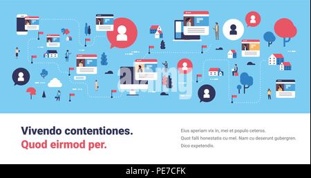 La profilazione sociale mappa media online isometrico interfaccia di rete WAN design Profilo di donna computer mobile application concetto orizzontale piana banner spazio di copia Illustrazione Vettoriale