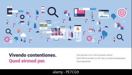 Ottimizzazione per i motori di ricerca Mappa del prodotto del cliente spostando la promozione del sito web seo computer mobile applicazione web isometrica dei lavoratori temporanei di carattere orizzontale piana banner spazio di copia Illustrazione Vettoriale