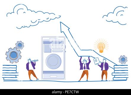 Imprenditori tenendo premuto freccia su applicazione mobile consulente finanziario online business analytics persone il concetto di processo di lavoro schizzo orizzontale doodle Illustrazione Vettoriale