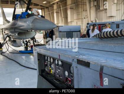 Avieri dal 54th Manutenzione aeromobili squadrone a Holloman preparare un F-16 Fighting Falcon per la purificazione degli aeromobili nov. 4, a Holloman Air Force Base, N.M. Aeromobile di purificazione è il processo in cui l'acqua, aria e particelle contaminanti vengono rimossi dal fluido idraulico in un aeromobile. Holloman aviatori eseguito questo processo per la prima volta su di un F-16 su nov. 3. (U.S. Air Force foto di Airman 1. Classe Emily A. Kenney/rilasciato) Foto Stock