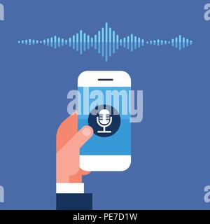 Tenere in mano l'app Telefono intelligente di voce assistente personale riconoscimento onde sonore il concetto di tecnologia smart speaker ia intelligenza artificiale piana del parlato Illustrazione Vettoriale