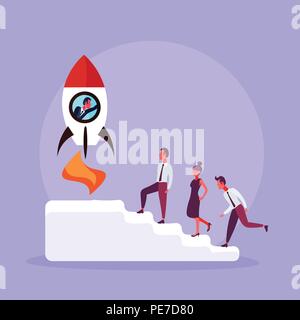 Imprenditore battenti nel lancio di un razzo scaletta superiore podio business team il lavoro di squadra di arrampicata startup Concept cartoon caratteri sfondo viola a piena lunghezza flat Illustrazione Vettoriale