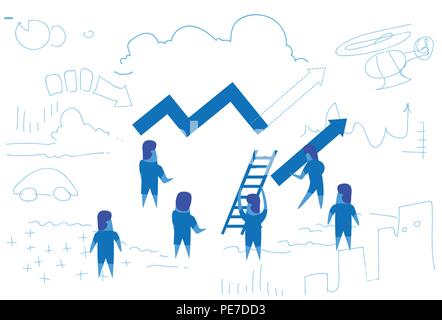 La gente di affari di una linea curva freccia scaletta holding analisi finanziaria il concetto del lavoro di squadra la strategia di brainstorming schizzo orizzontale doodle Illustrazione Vettoriale