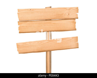 Blank cartello in legno post con spazio copia sul palo. Cartello isolato su bianco, percorso di clipping incluso Foto Stock