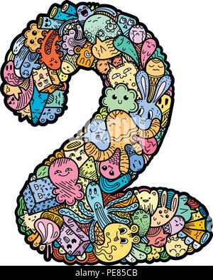 Il numero due. Disegnata a mano doodled kids numeri. Carino monstred numeri, simboli matematici. Illustrazione Vettoriale per il web, design, decorazione, istruzione, stampe, Illustrazione Vettoriale