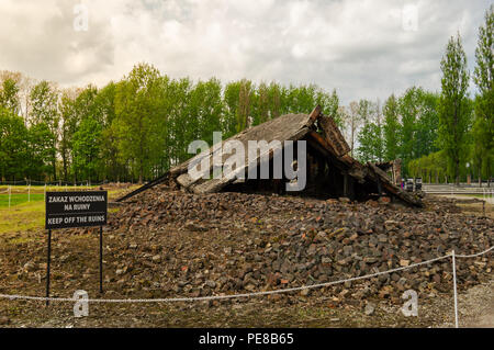 Le rovine di una camera a gas ad Auschwitz II Birkenau, campo di concentramento nazista in Oświęcim, Polonia. Splendide vedute di macerie in un giorno nuvoloso. Foto Stock