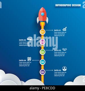 Startup infographics con 5 cerchio verticale modello dati. Illustrazione Vettoriale razzo astratta arte della carta su sfondo blu. Può essere utilizzato per la pianificazione, Illustrazione Vettoriale