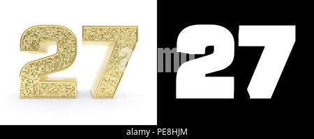 Numero aureo ventisette (numero 27) su sfondo bianco con ombra e canale alfa. 3D'illustrazione. Foto Stock
