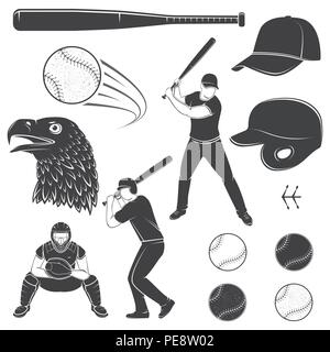 Set di attrezzatura da baseball e ingranaggio. Illustrazione Vettoriale. Cucitura di baseball spazzole. Palla per il baseball, impasto, catcher, mazza da baseball, casco, cappuccio e eagle silhouette. Illustrazione Vettoriale