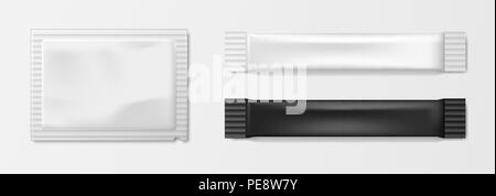 Confezionamento Alimentare caffè, sale, zucchero, pepe, caramelle ed altri alimenti. Realistica del bastone bianco modello foglio di confezionamento salviette umidificate sacchetto custodia in medicina. Illustrazione Vettoriale