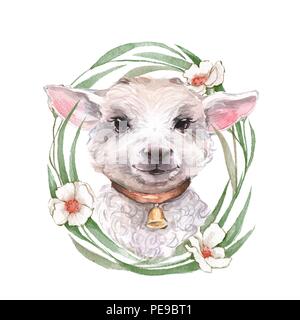 Goatling. Carino illustrazione ad acquerello. Disegnata a mano yeanling. Ghirlanda floreale Foto Stock