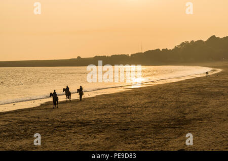 Gruppo di amici in sella ai loro cavalli in mare a Barry Island, Vale of Glamorgan, Galles. PHILLIP ROBERTS Foto Stock