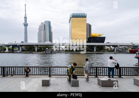 Edifici iconici come visto dal Parco Sumida, attraverso il Fiume Sumida. Tali edifici sono Asahi HQ e Torre del quartiere Sumida Office e Tokyo Skytree. Foto Stock