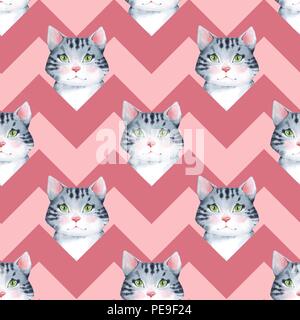 Modello senza cuciture con acquarello gatti Foto Stock