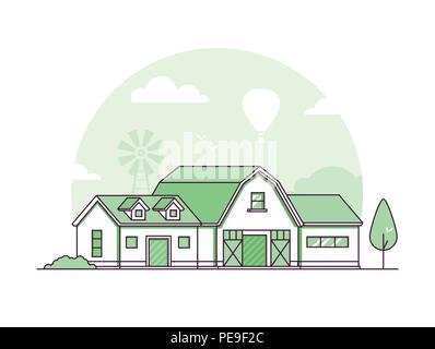 Farm - moderna linea sottile stile di design illustrazione vettoriale su sfondo bianco. Di colore verde di alta qualità del paesaggio rurale con un mulino a vento, granaio, albero, Illustrazione Vettoriale