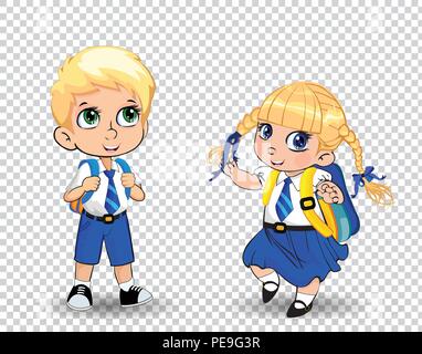 Carino piccola scuola ragazzo e una ragazza che indossano uniformi con zaino su sfondo trasparente. Illustrazione Vettoriale, clip art, modello, torna a scuola, teac Illustrazione Vettoriale