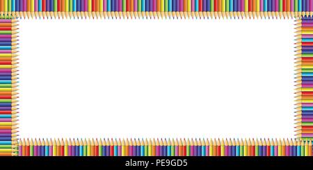 Vettore rettangolo multicolore confine fatto di colorate matite arcobaleno isolato su sfondo bianco con copia vuota spazio per il testo. Illustrazione Vettoriale