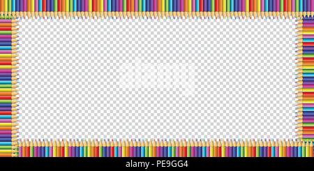 Vettore rettangolo multicolore confine fatto di colorate matite arcobaleno isolato su sfondo trasparente con copia vuota spazio per il testo. Illustrazione Vettoriale