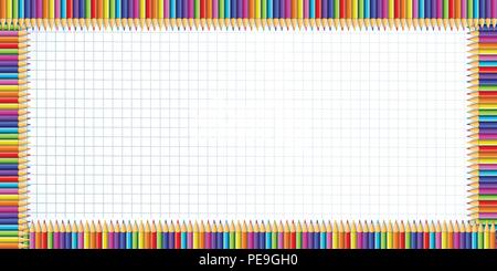 Vettore rettangolo multicolore confine fatto di colorate matite arcobaleno sul notebook foglio a scacchi con uno sfondo vuoto lo spazio di copia per il testo. Illustrazione Vettoriale