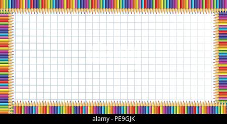 Vettore rettangolo multicolore confine fatto di colorate matite arcobaleno su notebook a scacchi sfondo pagina vuota con copia spazio per il testo. Illustrazione Vettoriale