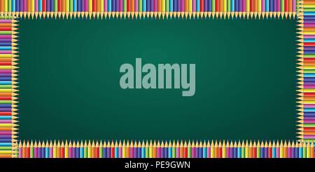 Vettore rettangolo multicolore cornice fatta di colorate matite arcobaleno sulla lavagna verde dello sfondo con copia vuota spazio per il testo. Si torna a scuola o Illustrazione Vettoriale