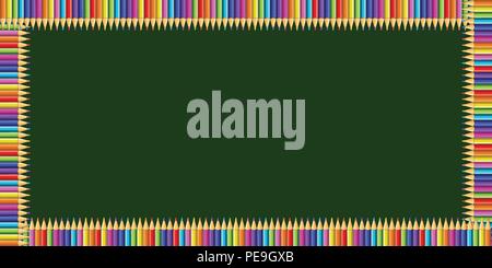 Vettore rettangolo multicolore cornice fatta di colorate matite arcobaleno sulla lavagna verde dello sfondo con copia vuota spazio per il testo. Si torna a scuola o Illustrazione Vettoriale