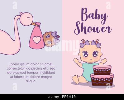 Una infografica del bambino, doccia design con simpatici baby girl e stork su sfondo colorato, illustrazione vettoriale Illustrazione Vettoriale